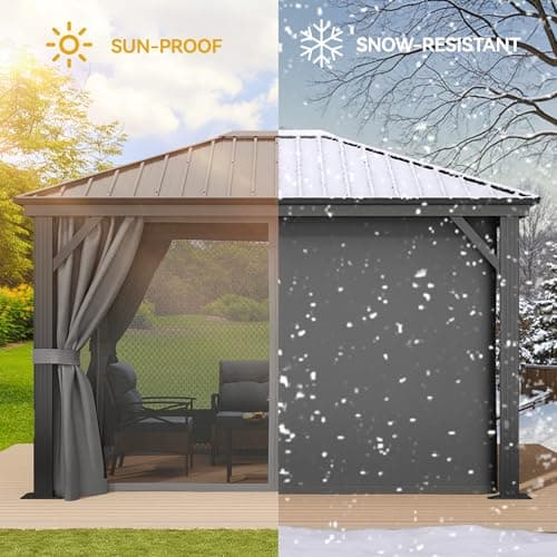 YITAHOME 10X12FT Hardtop Metal Gazebo Outdoor Patio Single Top Canopy Galvanized Iron Aluminum Column Garden Tent Curtains Netting for Backyards Decks Lawns,Gray