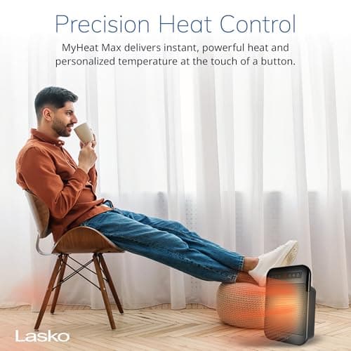 Lasko MyHeat Max Personal Ceramic Space Heater, Tip Over Switch, Overheat Protection, 2 Heat Settings, Adjustable Thermostat, Timer, for Indoor Use, Home, Office, 9 Inches, 1500W, Black, CD09101
