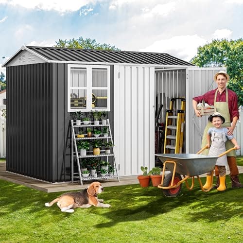 DWVO 8x6ft Metal Outdoor Storage Shed with Window, Lockable Tool Storage Sheds, Oversized Steel Garden Sheds with Sloped Roof for Backyard, Patio, Garage, Lawn, Dark Gray