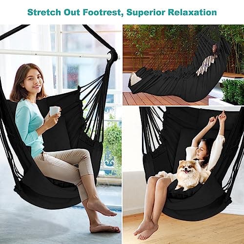 Outerman Hammock Chair, Hanging Chair with 3 Cushions and Foot Rest Support, Sturdy Metal Spreader Bar Max 500Lbs, Swing Chair for Bedroom, Indoor & Outdoor, Patio, Porch or Tree（Black）…
