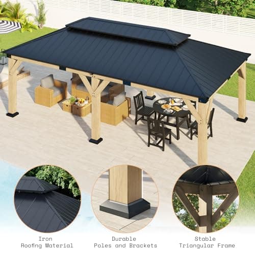 AMERLIFE 12x20 ft Hardtop Gazebo, Solid Wood Gazebo with Iron Double Roof, Outdoor Pergola with Wood Frame for Garden, Porch, Patio, Charcoal Gray + Brown Gray