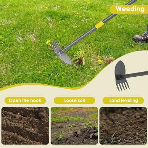 Garden Hoe, 17 to 45 Inch Hoe Garden Tools with Adjustable Handle Length, 2 in 1 Weeding Tool with 5 Tooth Rake, Hoe Garden Tool for Loosening Soil, Planting, Weeding