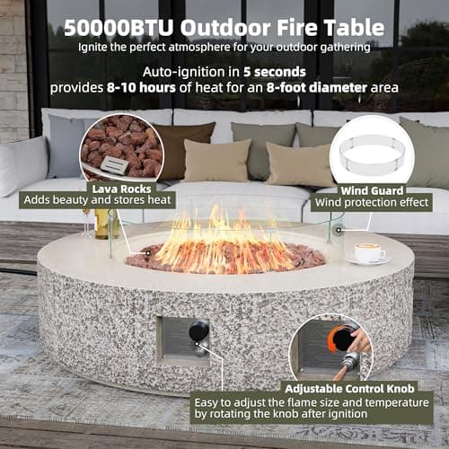 UPHA 42-inch Outdoor Propane Gas Fire Pit Table 50000 BTU Concrete Rectangle FirePit for Outside Patio with Propane Tank Cover, Wind Guad, Lava Rocks, Rain Cover, Beige Texture