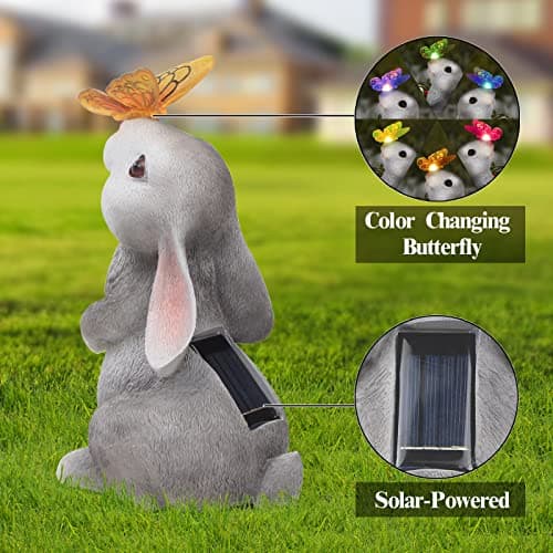 Garden Statue Outdoor Decor-Rabbit with Solar Butterfly Changing Lights Garden Statues,Bunny Statue for Patio,Balcony,Yard,Lawn Ornament,Gardening Gifts for Mom Grandma