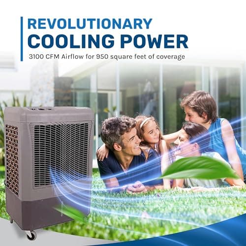 Hessaire MC37M Portable Evaporative Cooling Fan, Indoor/Outdoor High Temp Low Humidity Environments, 3100 CFM, 950 sq. ft., 3-Speed Fan, 59 dB, Gray