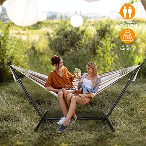 SUPER DEAL Portable 2 Person Hammock with 9FT Hammock Stand, 620 LBS Capacity Adjustable Hammock Bed with Space Saving Carrying Case Included for Camping Garden Backyard Patio Indoor Outdoor