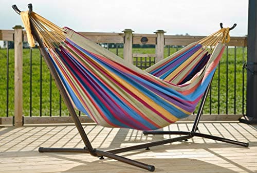 Vivere Double Cotton Hammock with Space Saving Steel Stand, Upgraded Polyester End Strings 450 lb Capacity - Premium Carry Bag Included - USA Grown Cotton (Tropical)