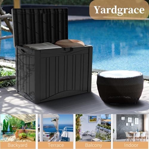 45 Gallon Heavy Duty Outdoor Deck Box with Lockable Lid, All Weather Waterproof Storage for Patio Cushions, Pool Toys, Garden Tools - Rust-Proof Resin Design (Black)
