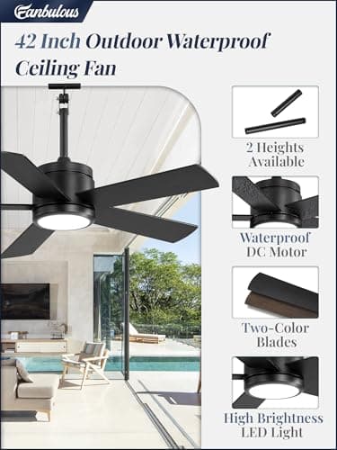 42 In Waterproof Outdoor Ceiling Fan with Light and Remote IP65 Plug in Wet Rated Outdoor Ceiling Fans for Patios Waterproof Gazebo Hanging Fan 3CCT 6 Speed, for Outside Porch Pergola Garage