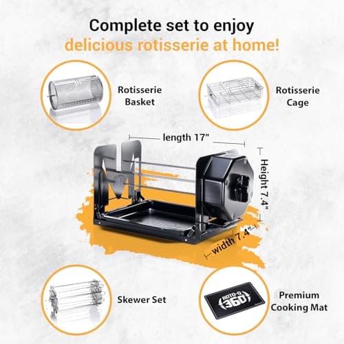 Family Bundle Rotisserie Kit - Non-Electric Wind-Up Spit Roaster with Rotisserie Basket, Flat Cage, Skewer Set, and Cooking Mat for Grills, Ovens, and Smokers - Indoor & Outdoor BBQ Use