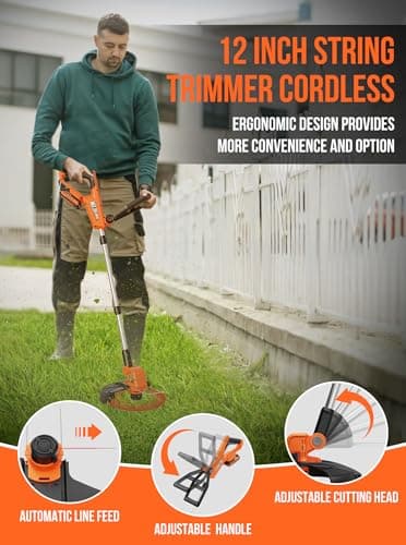 VARSK 20V 12" Cordless String Trimmer, 2 in 1 Trimmer and Edger with Auto Line Feed, 2 X 2.0Ah Batteries/1 X Fast Charger/6 X Bonus Spools Included, for Lawn, Garden, Yard, etc