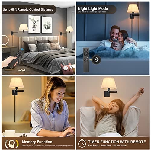 TRLIFE Wall Sconce Plug in, Remote Control Dimming 10-100% and Adjustable Color Temperature 2700K-6500K Swing Arm Wall Lights with Plug in Cord, 11.8" Large Beige Fabric Shade(2 Pack, 2 Bulbs)