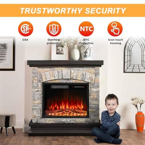 BOSSIN 36" Electric Fireplace with Mantel, 23 inch Electric Fireplace Insert, TV Stand Freestanding Heater with Remote Control Timer LED Flame for Living Room Bedroom,Faux Stone Gray