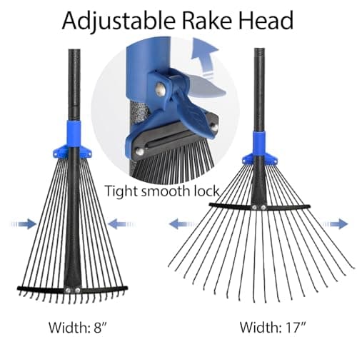 Metal Rake for Leaves Heavy Duty, Adjustable Garden Leaf Rake with Expandable Head 8-17", Shrub Pine Needle Kids Hand Yard Rake Garden Tool