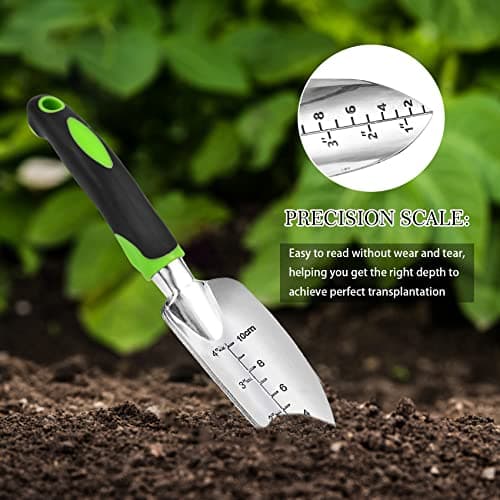 Transplanter Trowel Garden Shovel Hand Trowel Cast-Aluminum Heavy Duty Gardening Tool Depth Marker Measurement Trowel with Ergo Handle for Digging and Planting Engraved Depth Guide (Green)