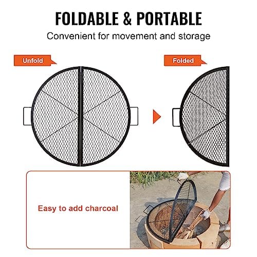 VEVOR X-Marks Fire Pit Grill Grate, Foldable Round Cooking Grate, Heavy Duty Steel Campfire BBQ Grill Grid with Handle and Support X Wire, Portable Camping Cookware for Outside Party, 36 Inch Black