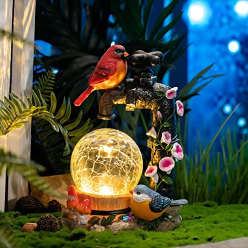 TERESA'S COLLECTIONS Cardinal Garden Decor for Outside, Red Bird Outdoor Statues with Solar Lights, Resin Garden Ornament for Lawn Porch Yard, Robin Gifts for Women Mom, 6"