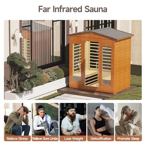 Real Relax Outdoor Infrared Sauna 4 Person for Home, Low EMF Far Infrared Sauna Spruce Wood Sauna with 10min Rapid preheating, Bluetooth, LCD Panel