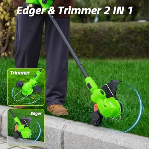 12-inch 20V Cordless String Trimmer with Charger, 2 X 2.0Ah Battery Powered Grass Mover with Auto Line Feed, 2 in 1 Lawn Edger with 8 Pcs Grass Cutter Spool Line and 2 Spool Cap, Green