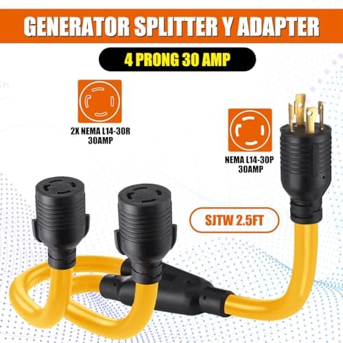 Kanayu 4 Prong 30 Amp Generator Splitter Y Adapter Cord Compatible with NEMA L14-30P to 2X L14-30R, Generator Locking Power Adapter Cord for Manual Transfer Switch, Outages SJTW 10 AWG/4 C, 2.5 FT