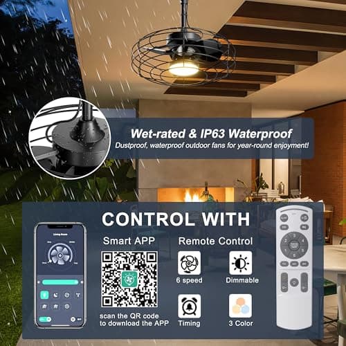 Outdoor Ceiling Fans with Light for Patios, 20'' Wet Rated Gazebo Fan Remote&APP Control, Dimmable Hanging Fan with Plug in Cord for Pergola, Black