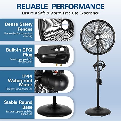 BILT HARD 18" Oscillating High-Velocity Outdoor Pedestal Misting Fan, 3-Speed Patio Fans for Outside, Adjustable Height, 120° Oscillation, Waterproof, Industrial Fan for Outdoor- UL Listed Black