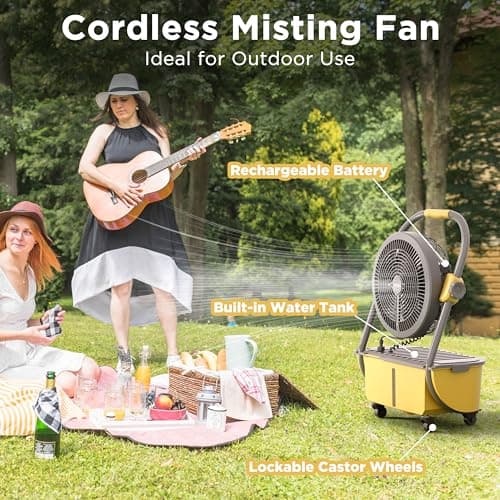 TURBRO Cordless Misting Fan with 11L Tank, High Pressure Spray Nozzles, 15ft Mist Range, Up to 50 Hours Run Time with Rechargeable Battery, 360° Swivel Wheels, Ideal for Patio, Pool and Outdoor Use