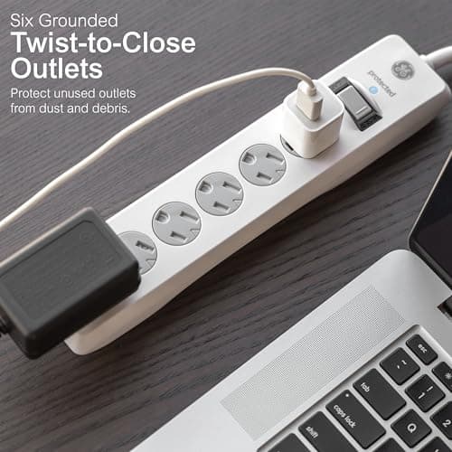 GE 6-Outlet Surge Protector, 20 Ft Extension Cord, Power Strip, 800 Joules, Flat Plug, Twist-to-Close Safety Covers, Protected Indicator Light, UL Listed, White, 50770