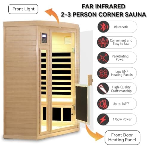 2-3 Person Corner Sauna, Infrared Saunas for Home, Chromotherapy, Canadian Hemlock Sauna, Indoor Sauna with Red Light Therapy