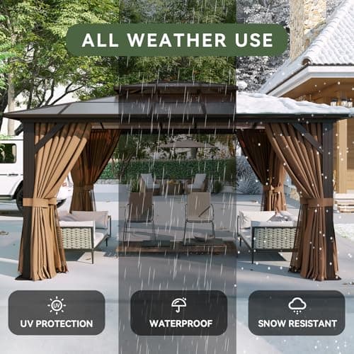 Aoxun 12'x10' Hardtop Gazebo, Aluminum Frame Permanent Pavilion with Curtains and Netting, Outdoor Polycarbonate Double Roof Canopy, Designed for Garden, Lawns, Patio, Brown