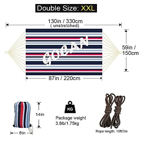 Brazilian Double Hammock 2 Person Extra Large 220x160cm Total Length 330cm Load 500lb Canvas Cotton Hammock for Patio Porch Garden Backyard Lounging Outdoor and Indoor(Dark Blue)