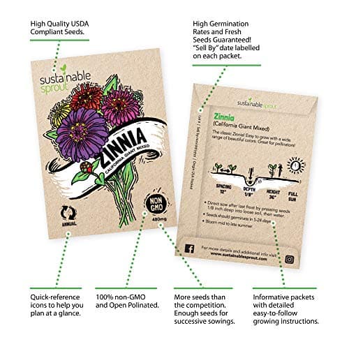 Seeds for Planting Flowers: 8 Bulk Variety Packets Zinnia, Nasturtium, Marigold, Purple Coneflower, Cosmos, Calendula, Bachelor's Button & Sunflower Seeds, Non GMO Flower Seeds by Sustainable Sprout