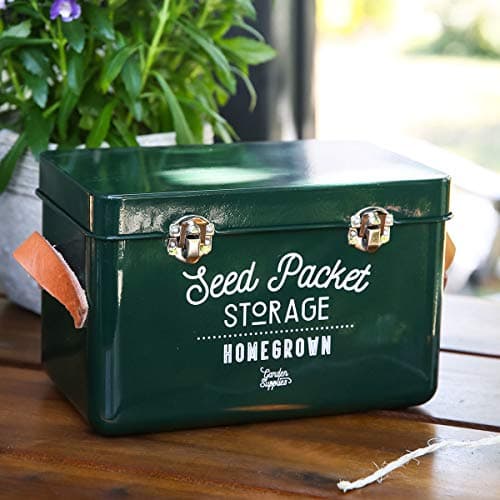 Burgon & Ball Seed Packet Storage Box Container Tin in Frog Green with Inside Dividers for Organization with Lid, Side Handles and Latches