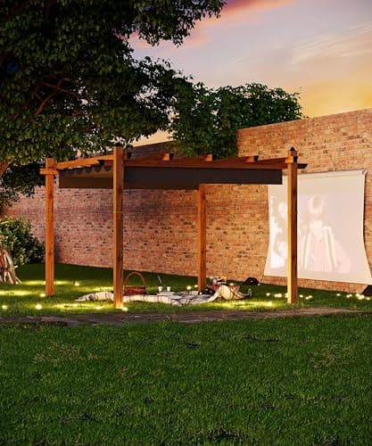 10 x 13 Ft Wood-Grain Aluminum Pergola Outdoor Pergola with Retractable Canopy Sun Shade Shelter for Garden, Patio, Backyard, Deck - Gray