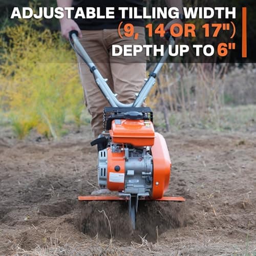 NOVUS 17-Inch Gas Tiller for Gardening, 79cc 4-Cycle Gas Engine, 2-in-1 Front Tine Tiller Cultivator, Toolless Tilling Width Adjustment, Forged Steel Tines, Integrated Transport Wheels
