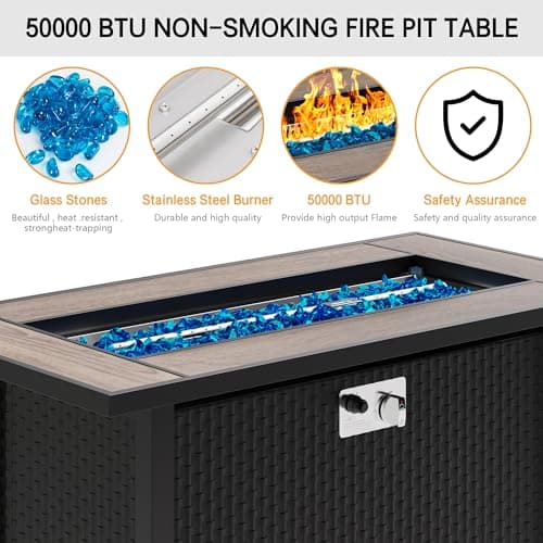 Meilocar 45in Fire Table, Propane Fire Pit with Glass Wind Guard and Rain Cover, Outdoor Firepit Table 50000 BTU 3-in-1 Fire Table for Patio/Yard/Balcony, Walnut Tabletop