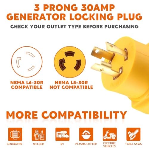 Kanayu Generator Welder Adapter Compatible with Nema L6-30P to 6-50R 3 Prong 30 Amp Locking Male Plug to 50 Amp Female Receptacle Adapter Generator RV EV Charger Power Cord Connector