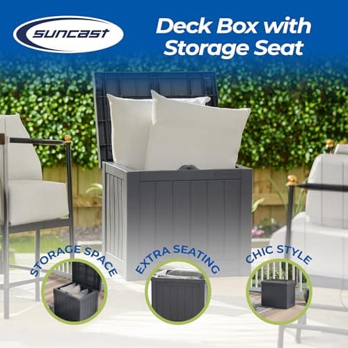 Suncast Small Deck Box Storage w/Bench Seat for Indoor & Outdoor Use, 22 Gal., Cyberspace