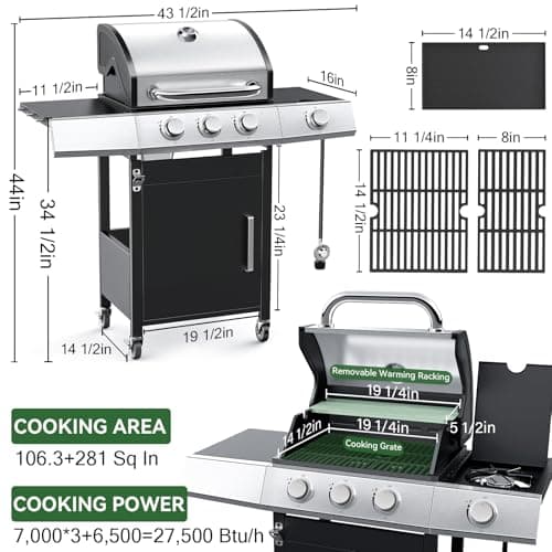 3-Burner Propane Grills with Side Burner, BBQ Gas Grill with Cast Iron Grates and Griddle, Garden Barbecue Grill for Backyard, Camping, Patio, 27,500 BTU