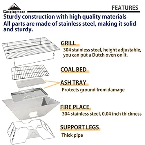 CAMPINGMOON Portable Camping Fire Pit Stainless Steel Foldable Collapsible BBQ Grill Wood Burning Charcoal 20x13-inch with Carrying Bag MT-3