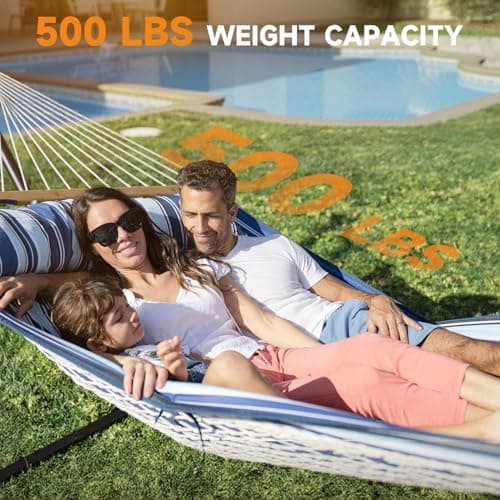 Double Hammock with Stand, 2 Person Cotton Rope Hammock with Removable Polyester Pad, 500LBS Capacity, Portable & Adjustable Design, Includes Storage Bag, Indoor Outdoor Use,Blue