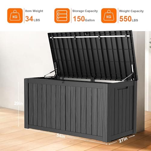 150 Gallon Resin Deck Box, Lockable Patio Outdoor Storage Box for Furniture, Garden Tools and Tools Storage, Waterproof Outside Storage Boxes - Black