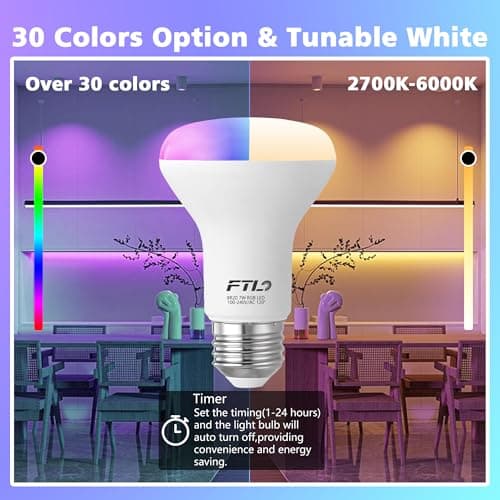 FTL R20 Color Changing Light Bulb with Remote Control, BR20 LED Bulb Dimmable RGB Colored Light Bulbs 7W=60W, 30 Colors, 2700K-6000K, Timer, Color Flood Light Bulbs for Recessed Can Lighting, 6-Pack