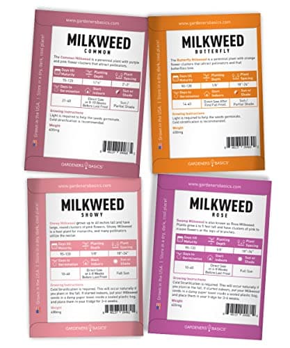 Gardeners Basics, Milkweed Seeds for Monarch Butterflies (4 Variety Pack) Common, Showy, Butterfly and Rose Varieties Attracts Butterflies, Bees and Pollinators Heirloom Flower Seeds Wildflower Seed