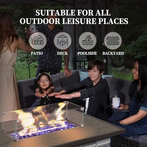 43" Propane Fire Pit Table Outdoor Rectangular Stone Firepit Table 50000 Btu Propane Fire Tables for Outside Patio with Glass Wind Guard, Lid, Fire Glass Beads, Pizzello Caldo (Gray Stone)