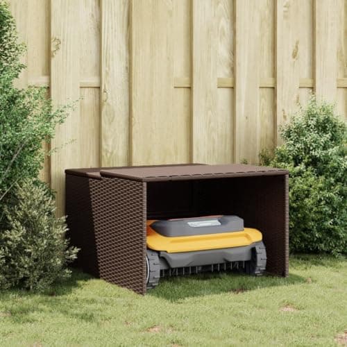 vidaXL Robot Mower Garage - Brown Poly Rattan, Weather-Resistant Storage Shed, 33.9"x35.4"x20.5"/22.4" for Garden Robotic Lawn Mower