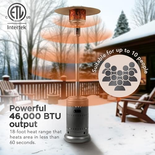 Amazon Basics 46,000 BTU Outdoor Propane Patio Heater with Wheels, Commercial & Residential, Slate Gray, with water tank, 32.1 x 32.1 x 91.3 inches (LxWxH)