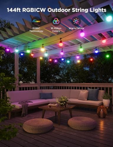 Govee Smart Outdoor String Lights 2, 144ft Outdoor Lights with Dimmable Warm White LED Bulbs, 47 Scene Modes for Patio, Backyard, Balcony, IP65 Waterproof, Works with Alexa, App Control