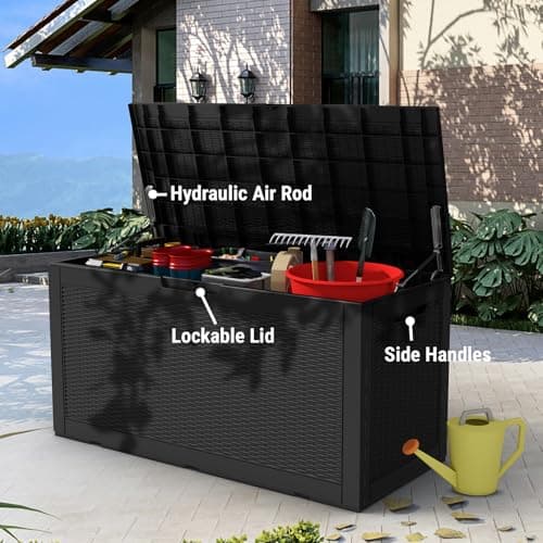 100 Gallon Waterproof Deck Box, Resin Outside Storage Box, Large Outdoor Storage Bin for Patio Furniture Cushions, Pool Supplies, Garden Tools, Weatherproof, Black