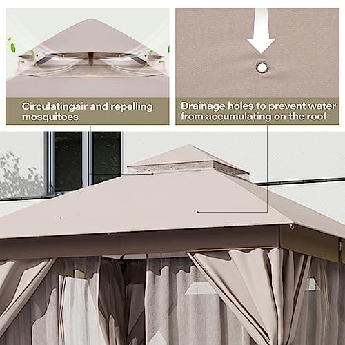 LAUSAINT HOME Outdoor Patio Gazebo with Expansion Bolts, Double Roof Soft top Gazebos Shelter Party Tent with Mosquito Nettings and Privacy Screens for Backyard, Deck, Garden, Lawn (10x10, Khaki)